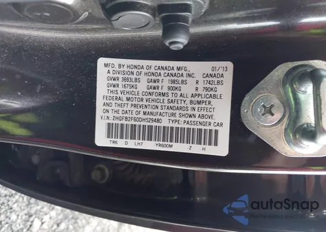 2013 Honda Civic Hf z USA, uszkodzony, nr VIN 2HGFB2F60DH529480